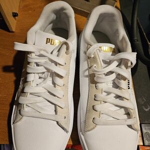 PUMA White & Light Beige Women's Sneakers with Gold Logo